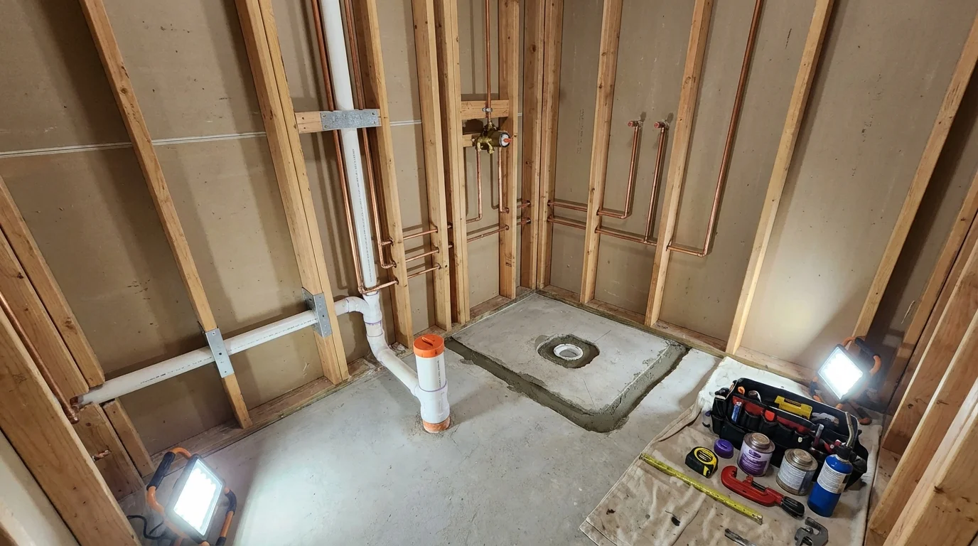 Bathroom rough-in plumbing during remodel by Johns Plumbing LLC in Clayton