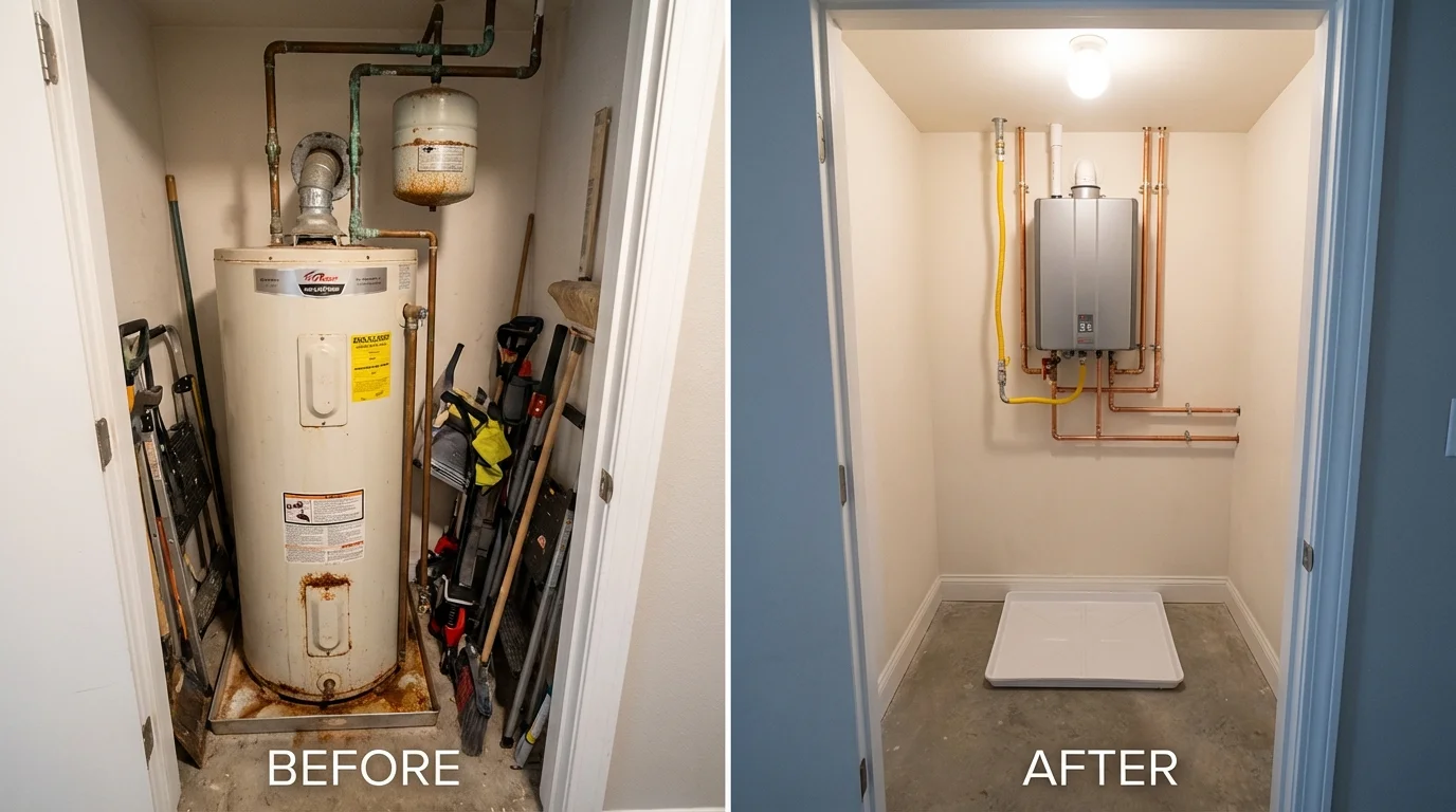 Tank water heater versus wall-mounted tankless unit comparison for Clayton, DE homeowners