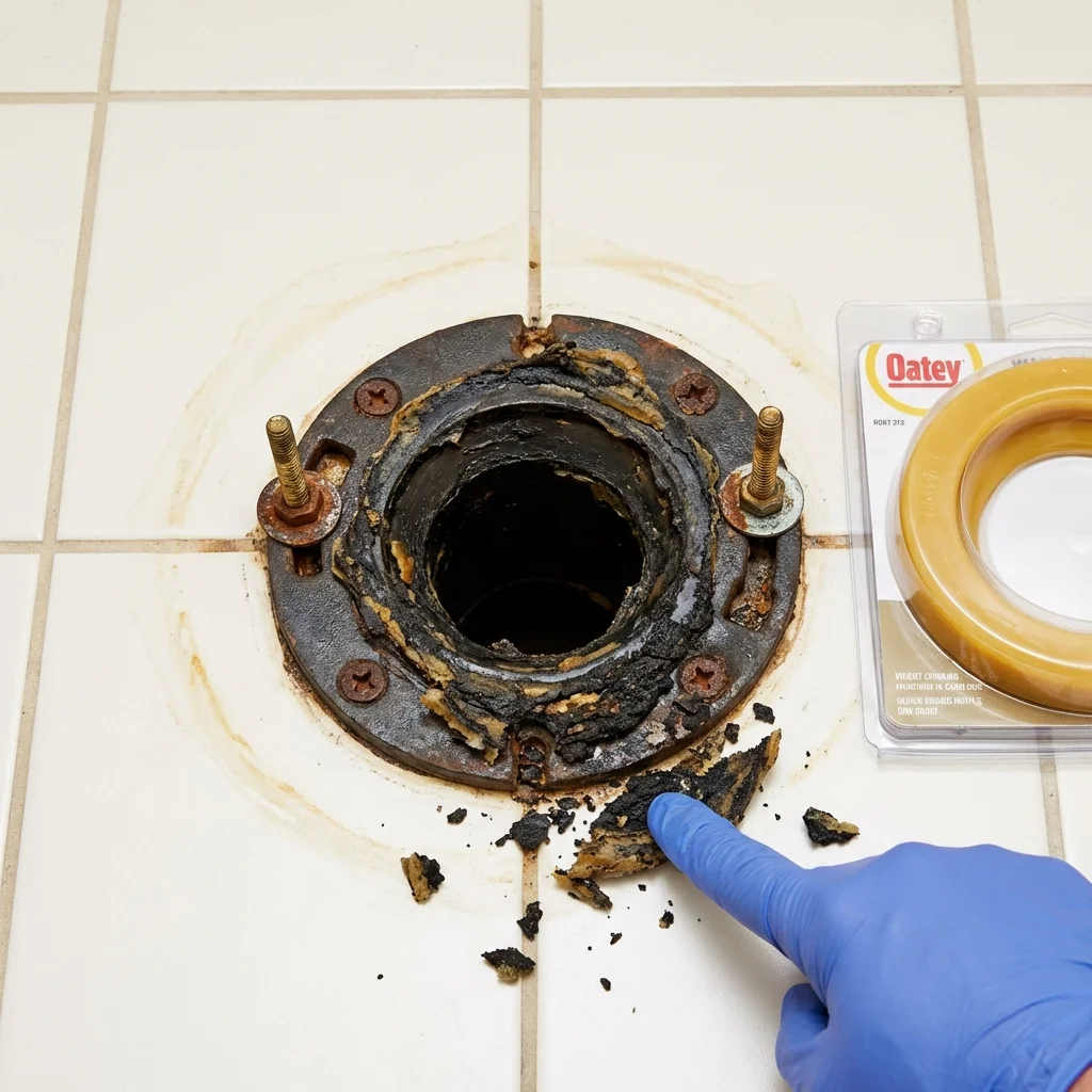 Failed wax ring showing water seepage at the base of a toilet in a Clayton, DE home