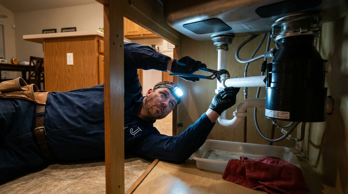 P-trap and supply line connections under a kitchen sink showing a common leak point in Clayton, DE
